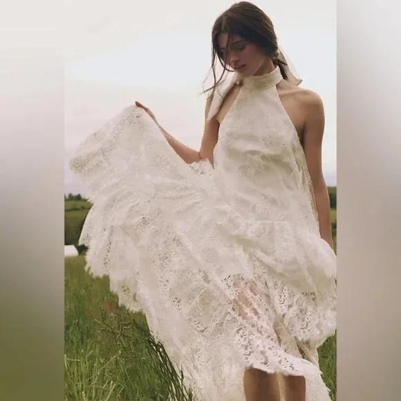 BHLDN Lace Halter Ruffle Peekaboo Maxi Dress Wedding Whimsical Romantic Womens S - Picture 9 of 10